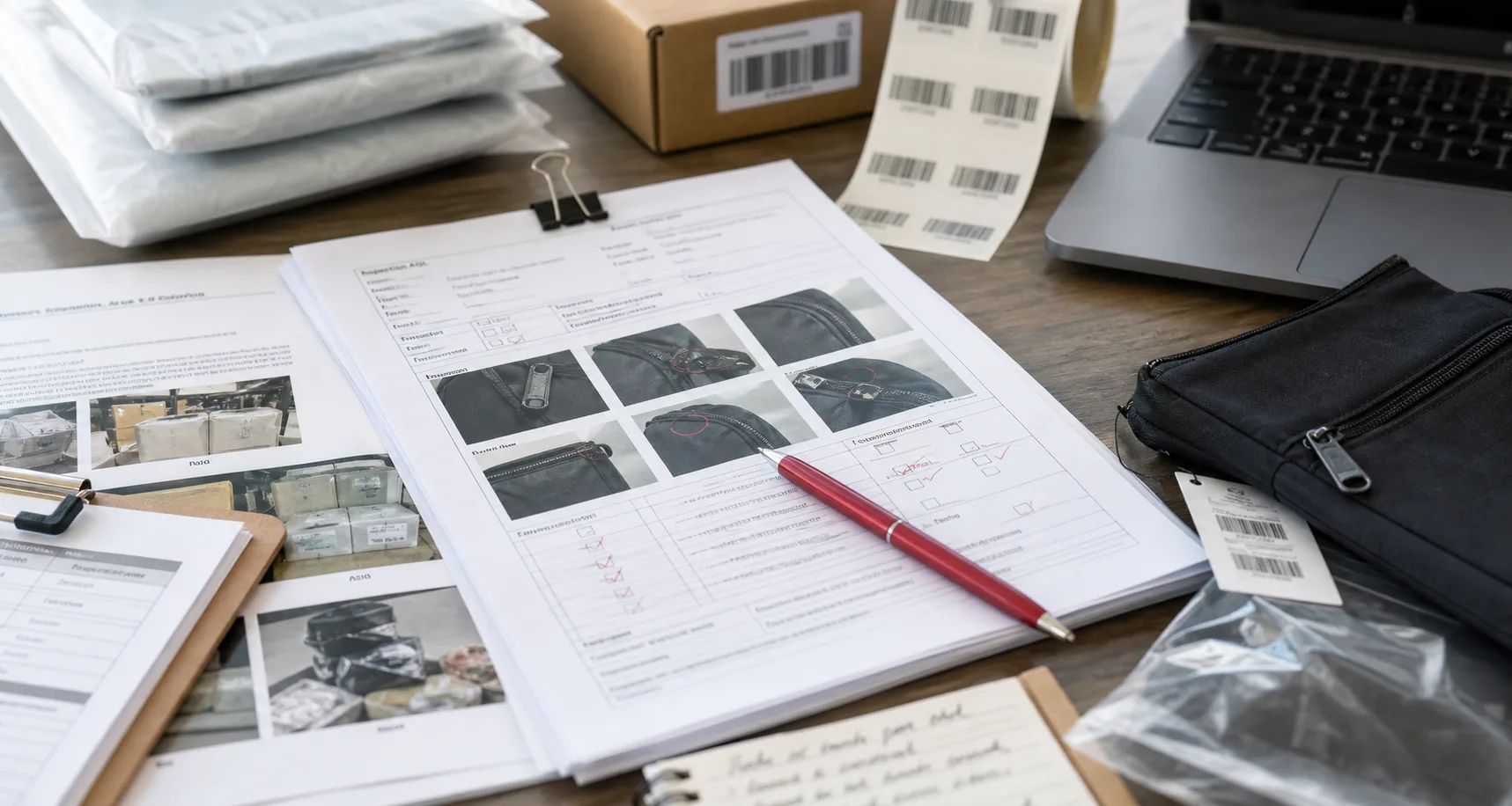 Sample inspection report preview with product photos, packaging notes, barcode labels, and red pen