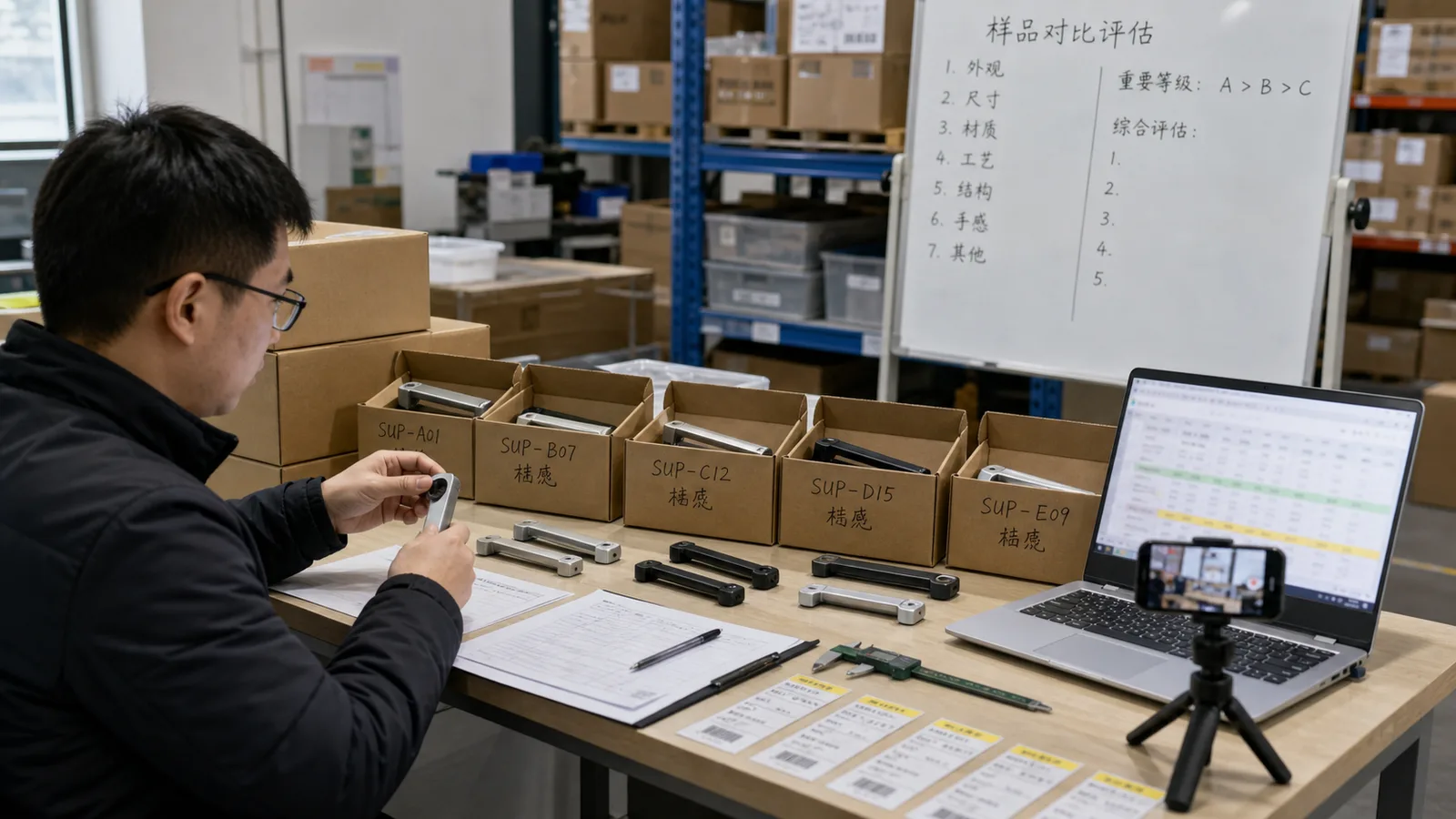 Agent Huang comparing labeled supplier samples in a China warehouse before factory selection