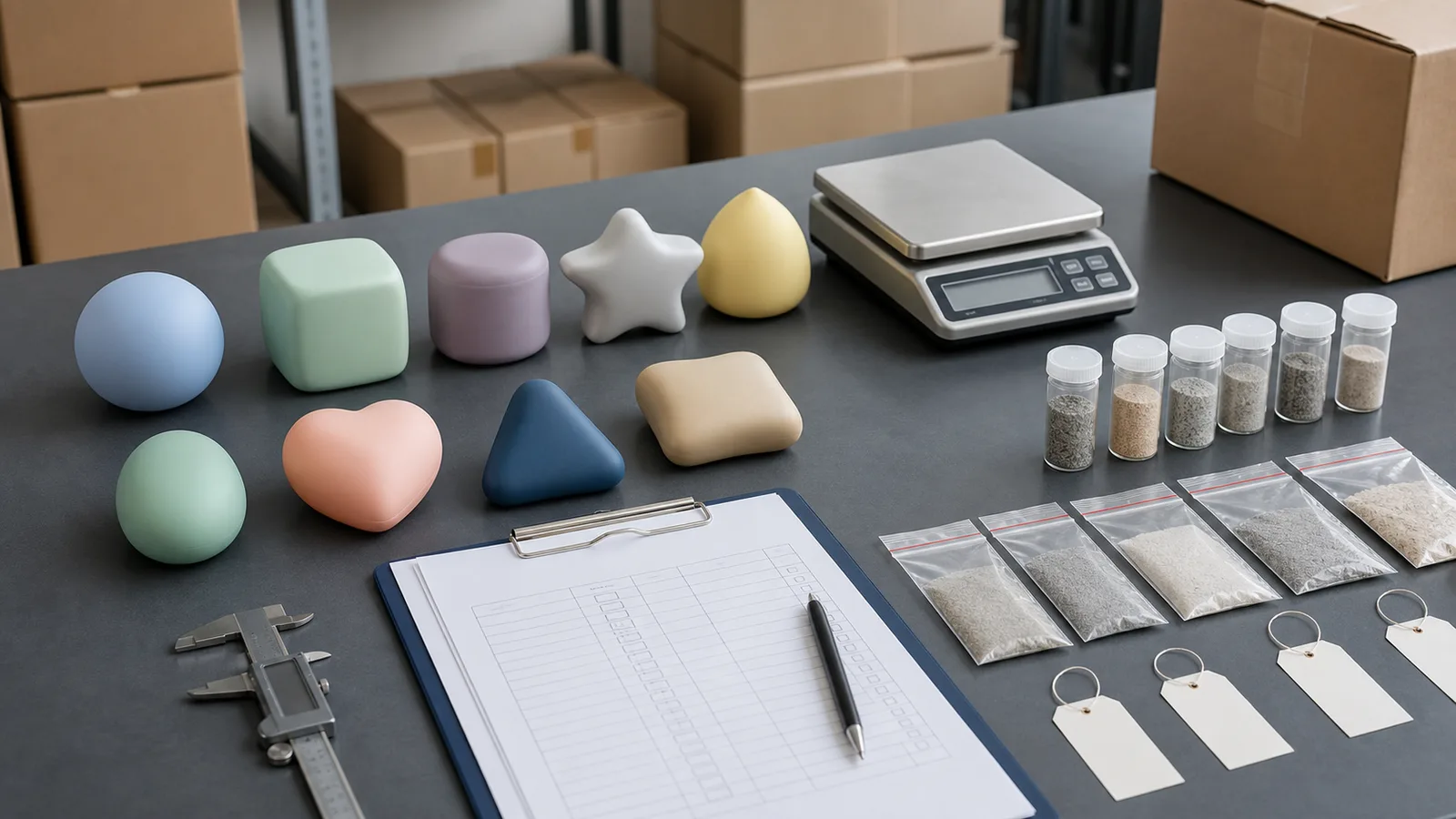 Neutral illustrative inspection bench with intact generic squeeze-toy samples, sealed mineral samples, scale, caliper, checklist, and unbranded cartons before China shipment