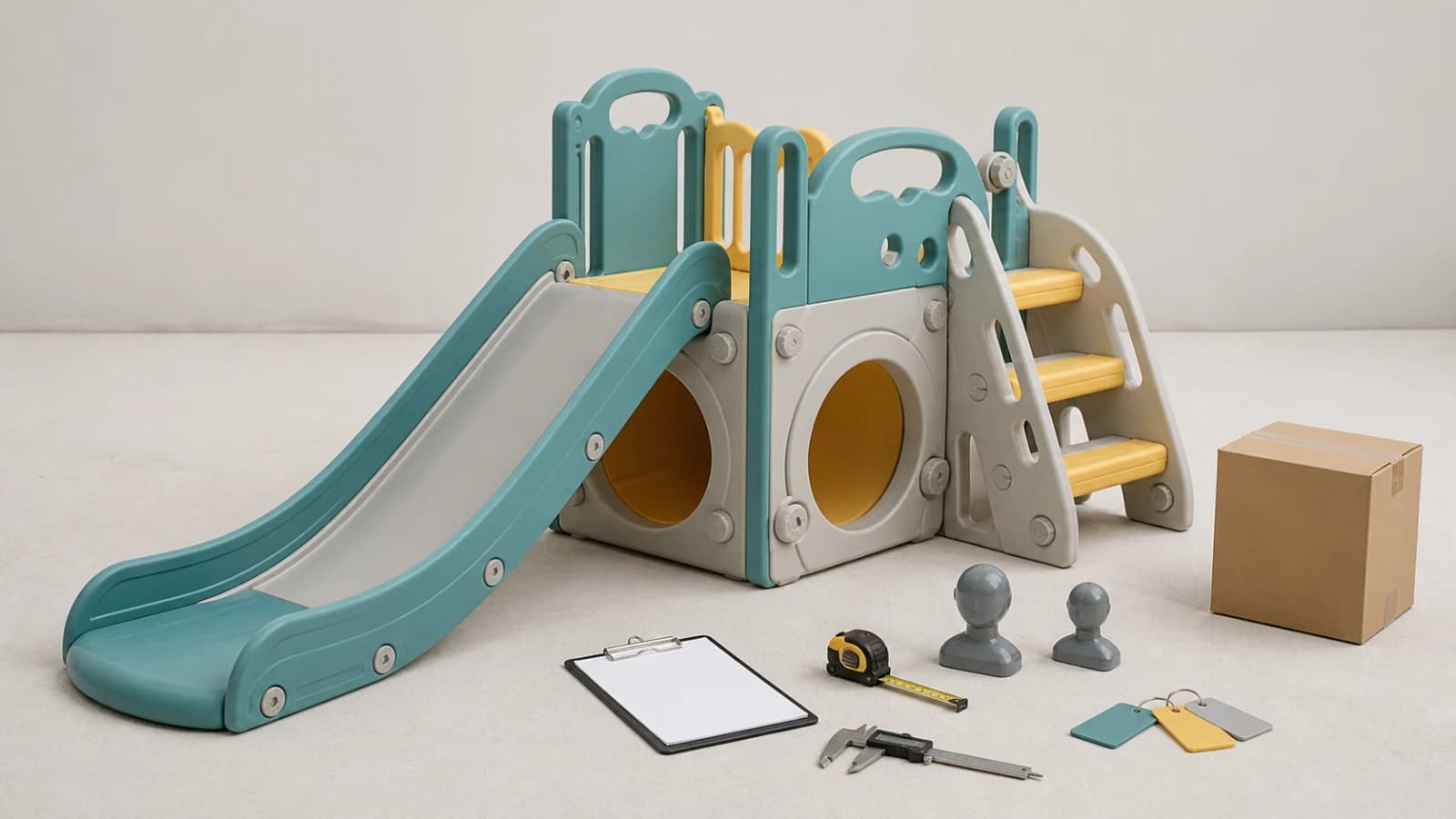 Neutral AI illustration of an unbranded toddler slide playset with crawl openings, steps, inspection gauges, measuring tools, checklist, and shipping carton