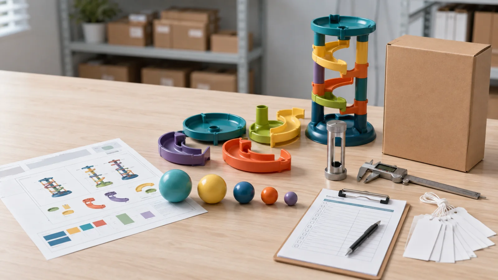 Neutral AI illustration of a generic ball-run toy, different-size balls, a small-parts gauge, caliper, blank packaging, and inspection checklist