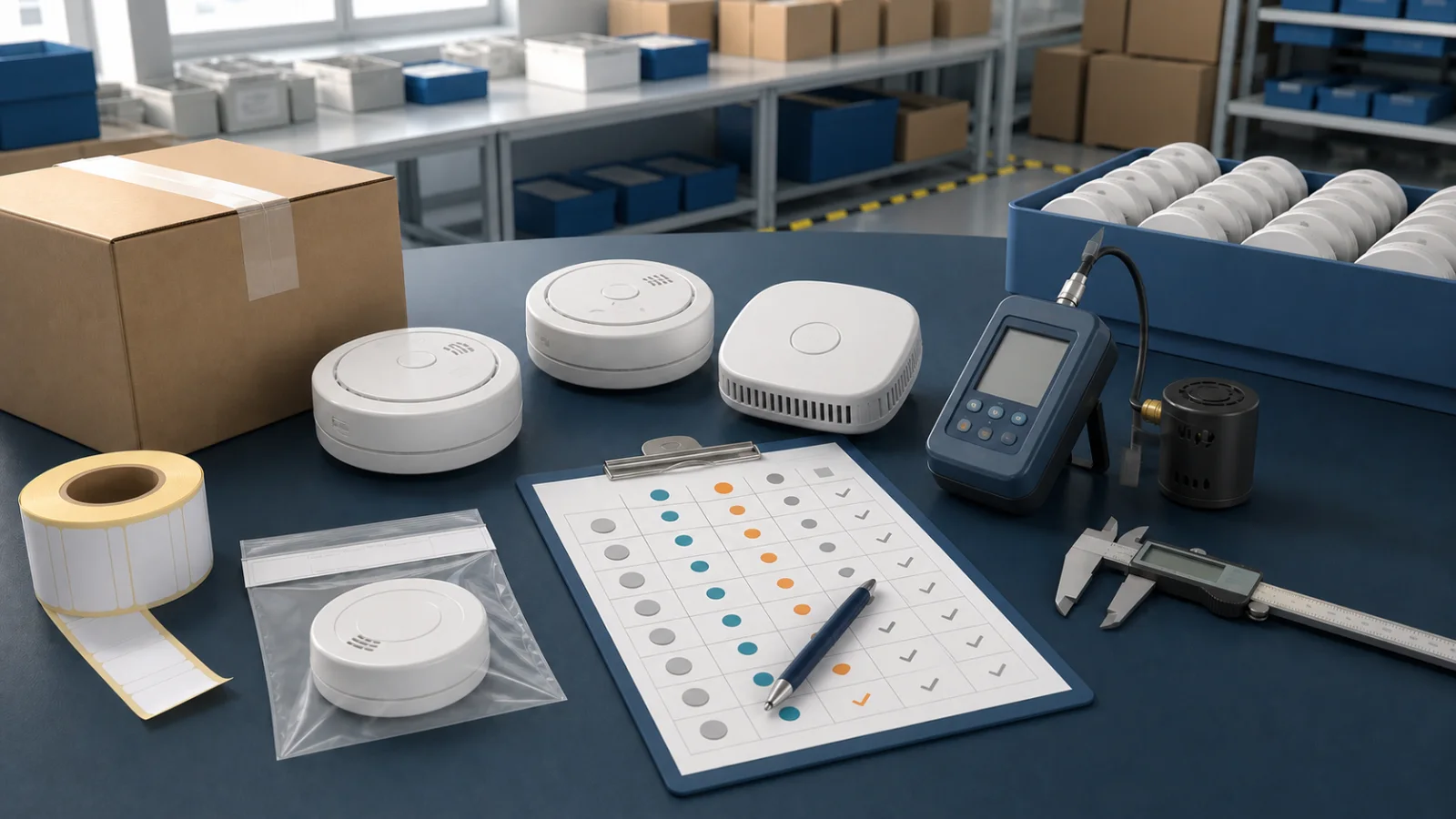 Neutral AI illustration of unbranded smoke and carbon monoxide alarms, an abstract inspection matrix, measuring tools, test equipment, labels, and export cartons on an anonymous quality-control workbench
