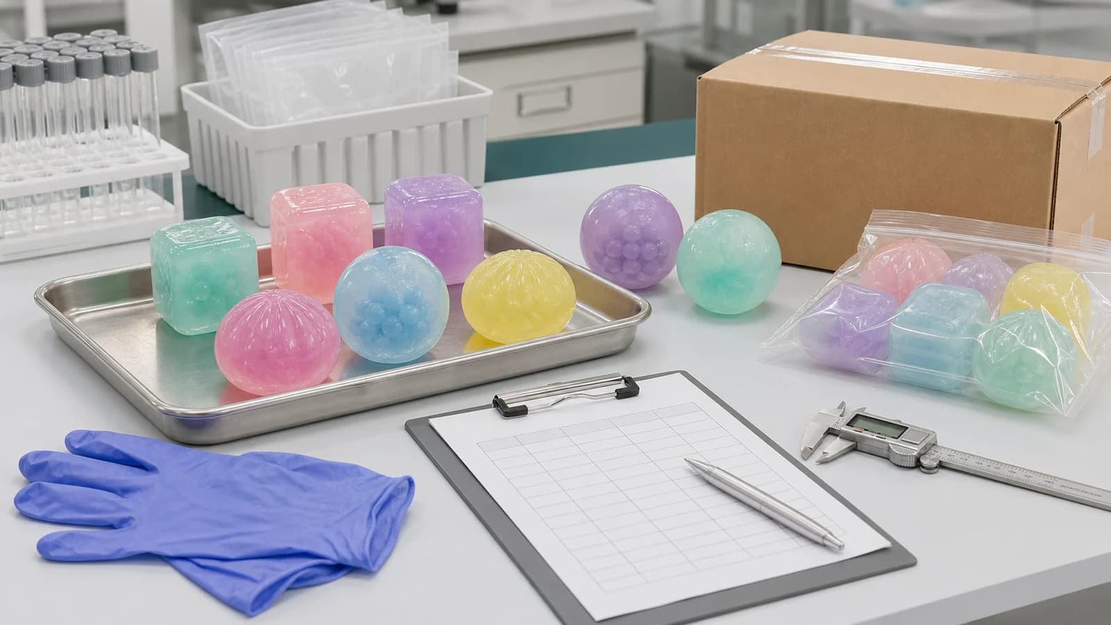 Neutral AI illustration of generic liquid-filled squishy toys, sample bags, laboratory vials, caliper, blank checklist, gloves, and an export carton on an inspection bench