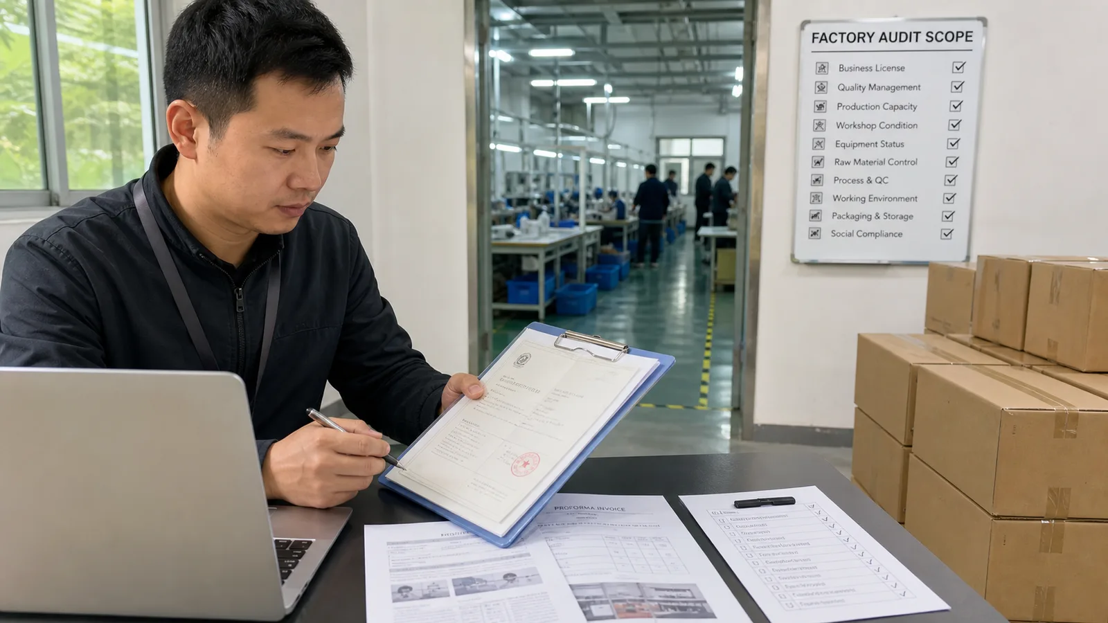 Agent Huang comparing supplier verification documents with factory audit scope inside a China factory office