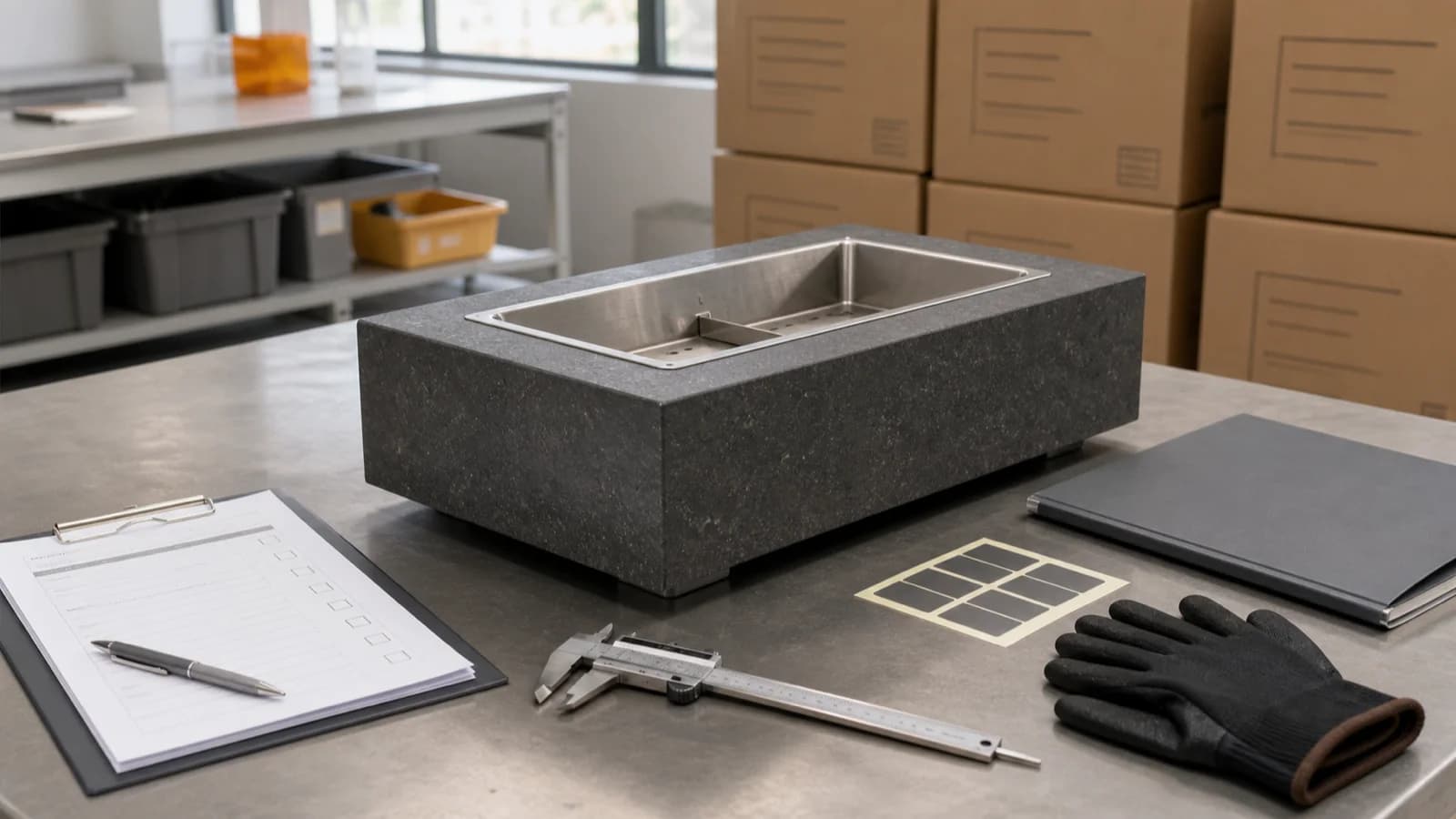 Neutral AI illustration of a generic unlit tabletop fire pit, empty reservoir, caliper, blank checklist, gloves, label sheet, and export cartons on an inspection bench