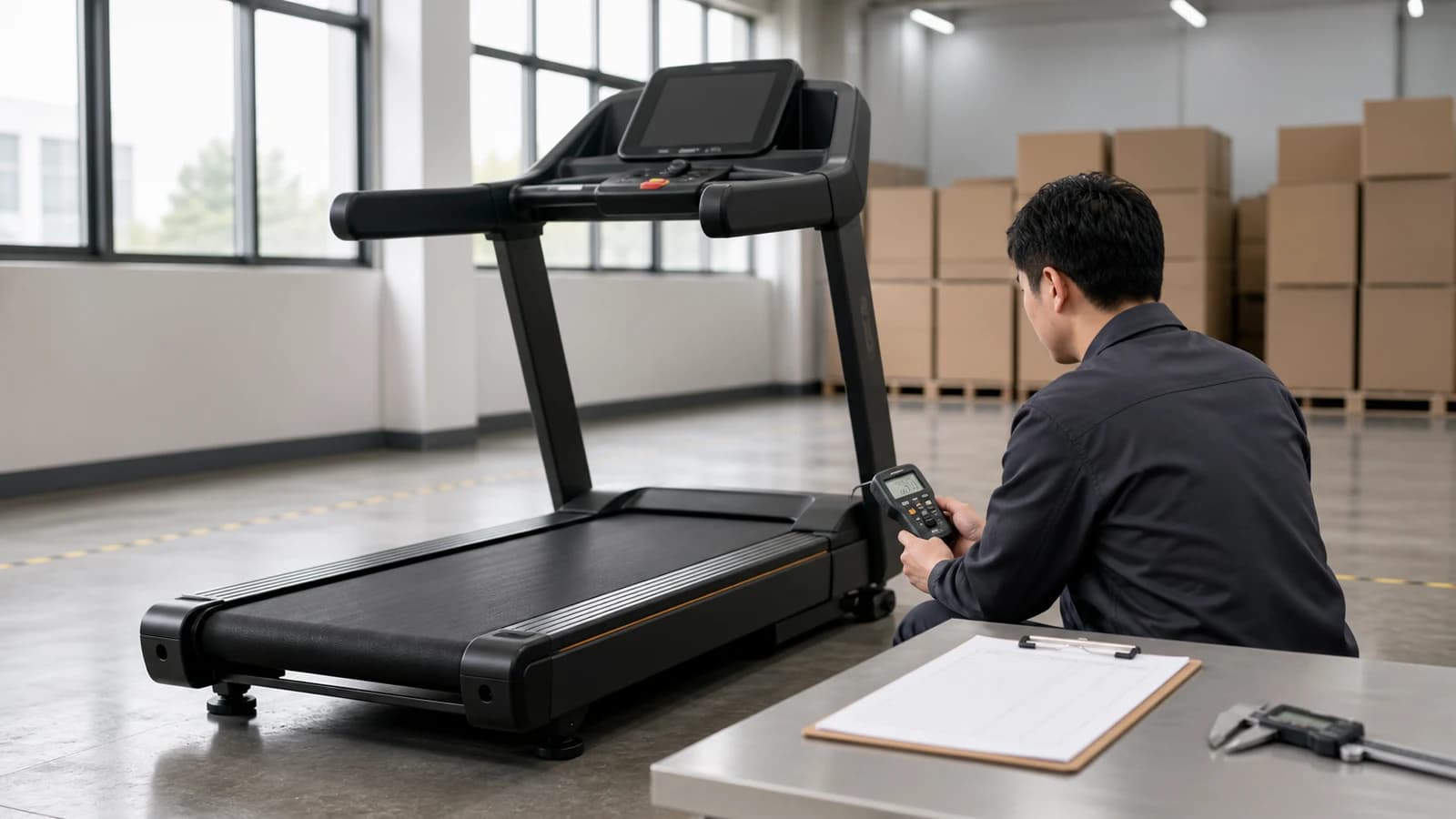 Neutral AI illustration of an inspector checking an unbranded treadmill with a handheld meter, checklist, caliper, and export cartons