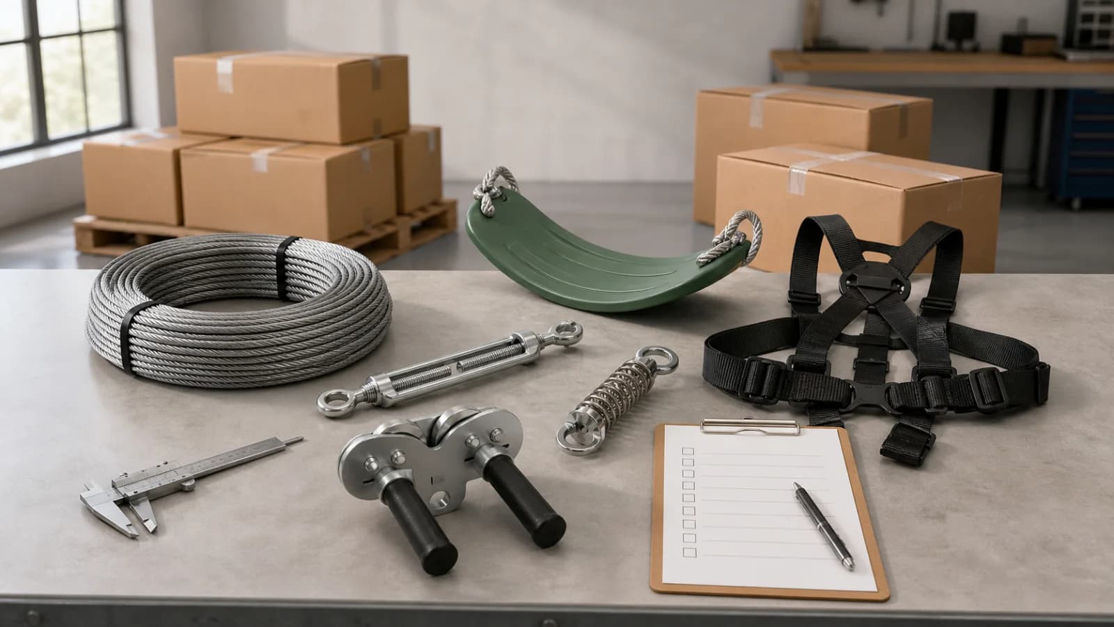 Neutral AI illustration of generic uninstalled zipline cable, turnbuckle, trolley, spring brake, seat, harness, caliper, blank checklist, and export cartons on an inspection bench