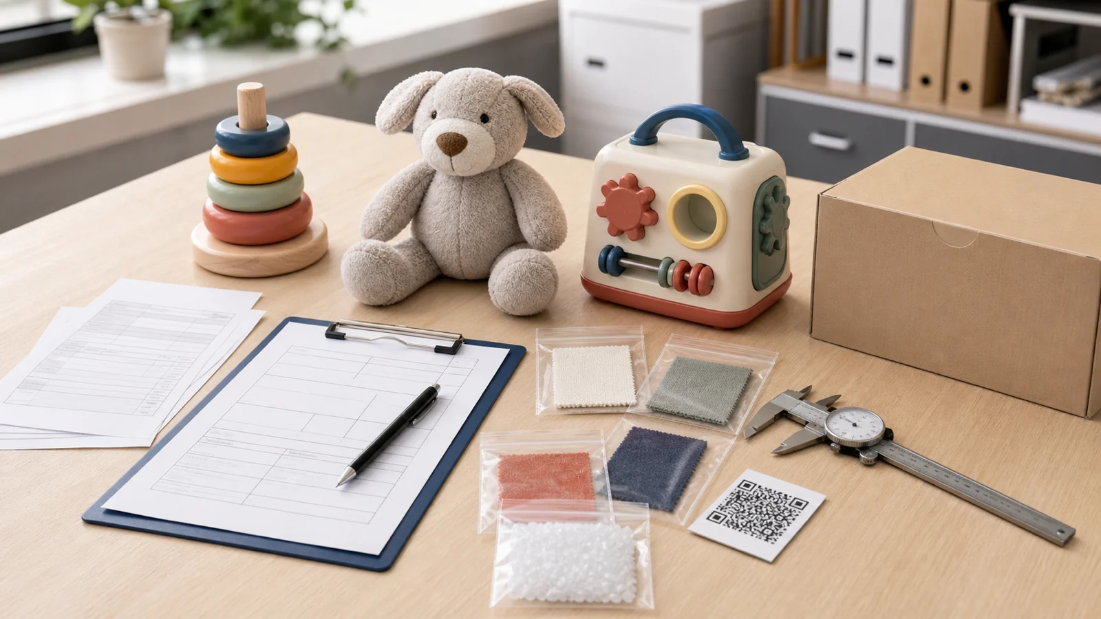 Neutral illustrative EU toy evidence-check setup with generic toys, technical files, material samples, caliper, plain carton, and a decorative data carrier
