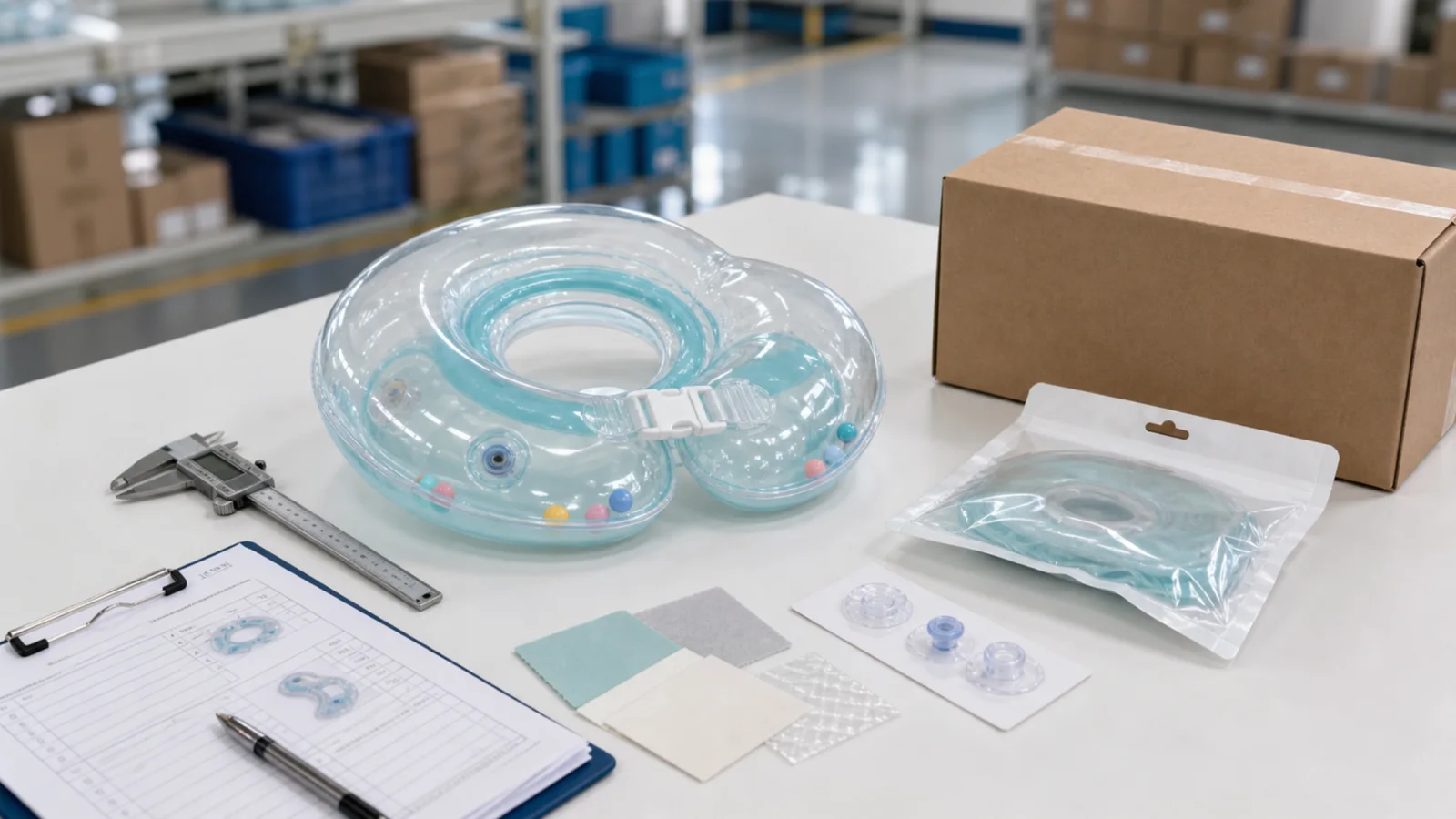 Neutral illustrative China-side infant neck float inspection with a generic float, caliper, test checklist, packaging, and export carton