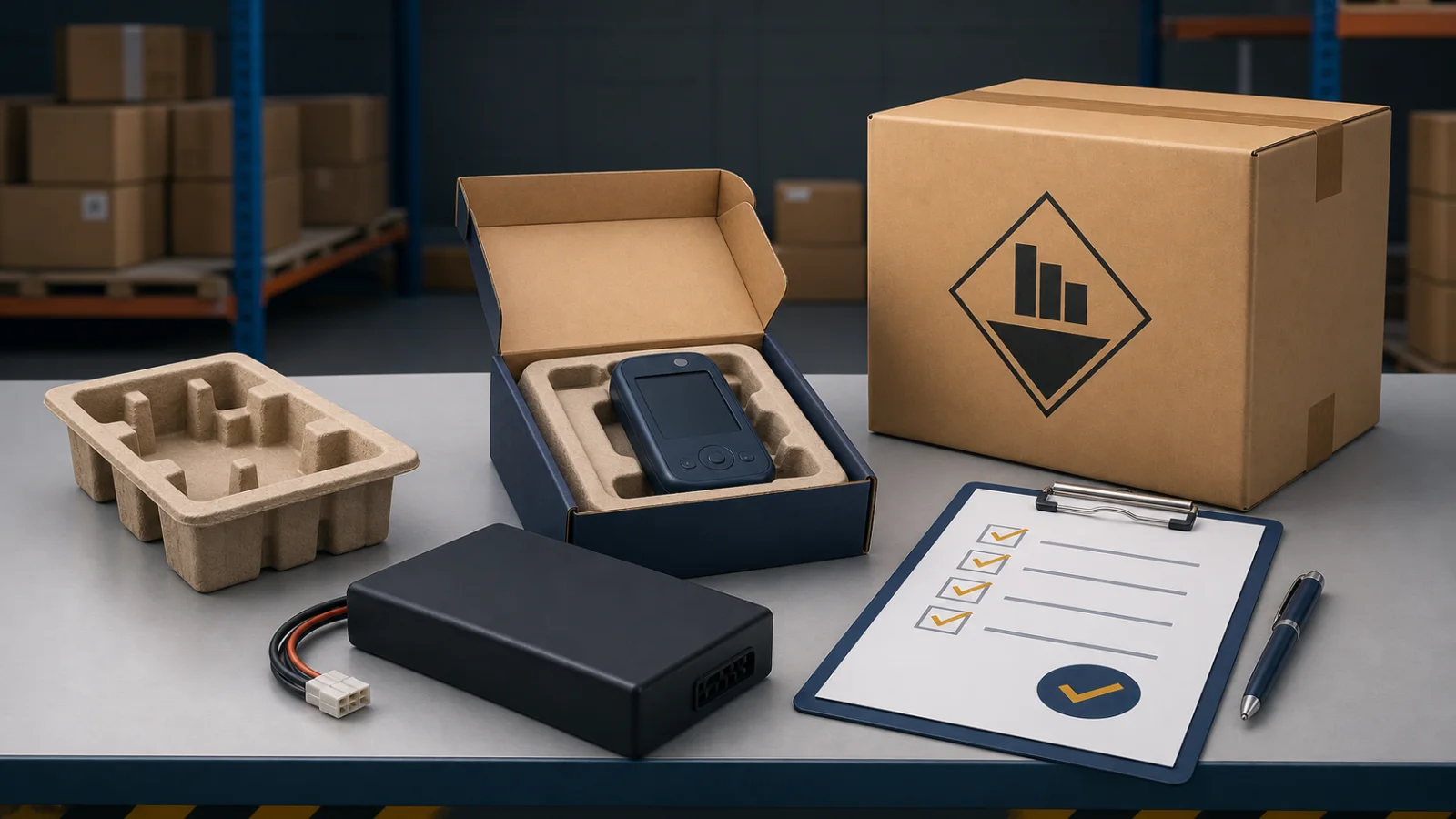 Editorial illustration of lithium battery packaging, carton marks, and a China-side air-shipment release checklist