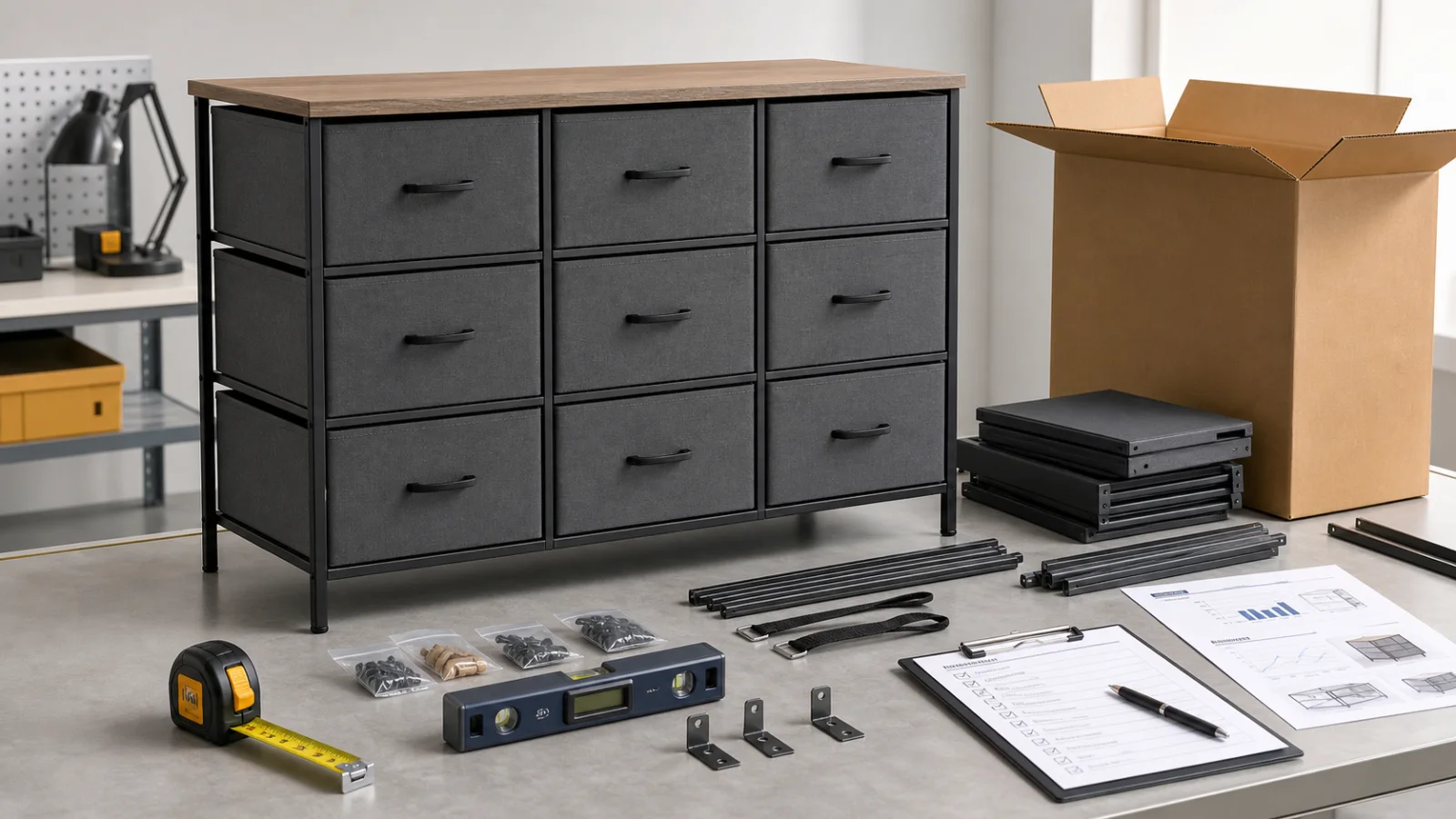 Neutral illustrative inspection setup with a generic fabric dresser, flat-pack components, anti-tip hardware, level, checklist, and carton