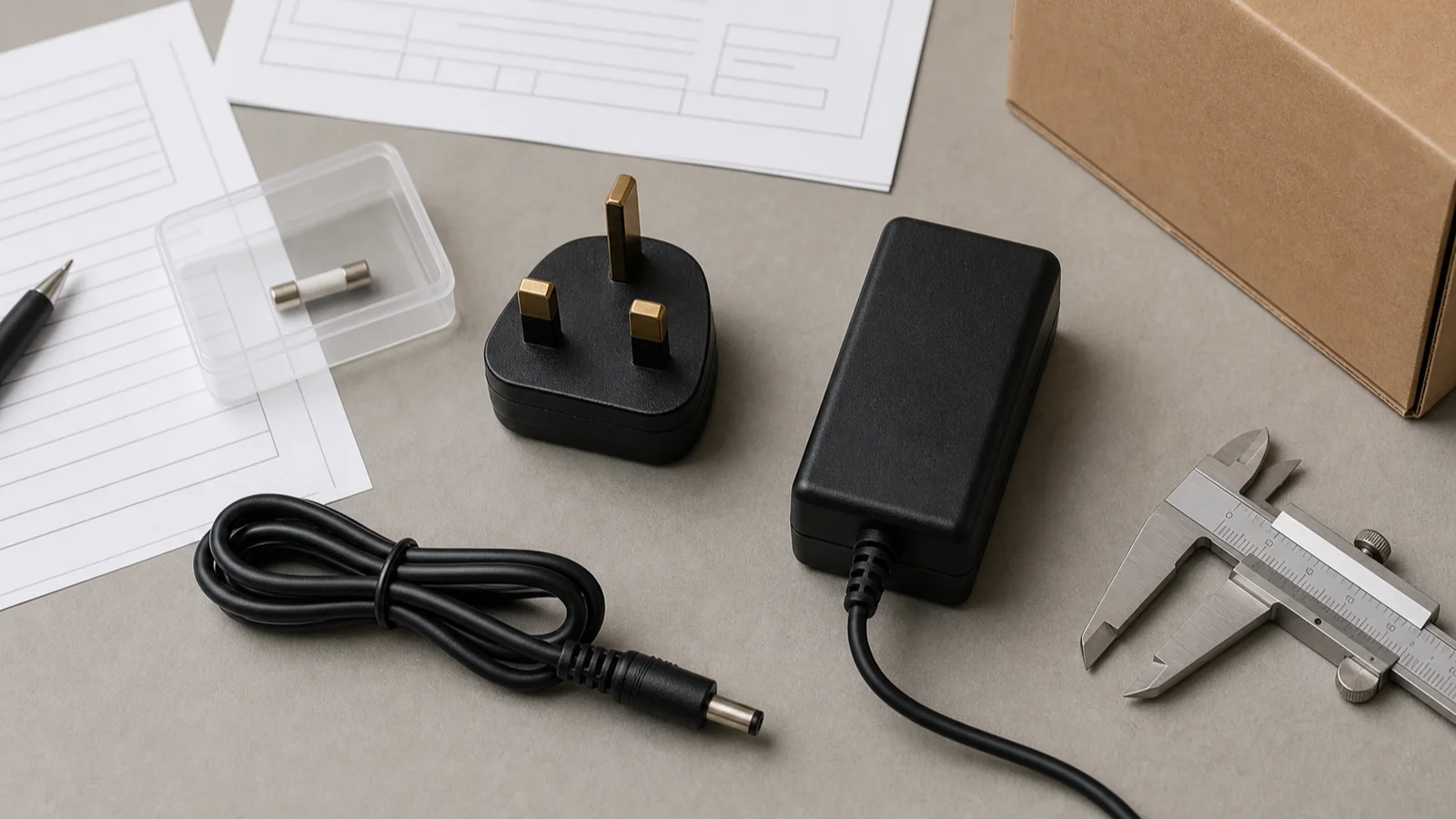 Neutral illustrative inspection setup with a generic UK three-pin plug, AC adapter, fuse, calipers, forms, and carton