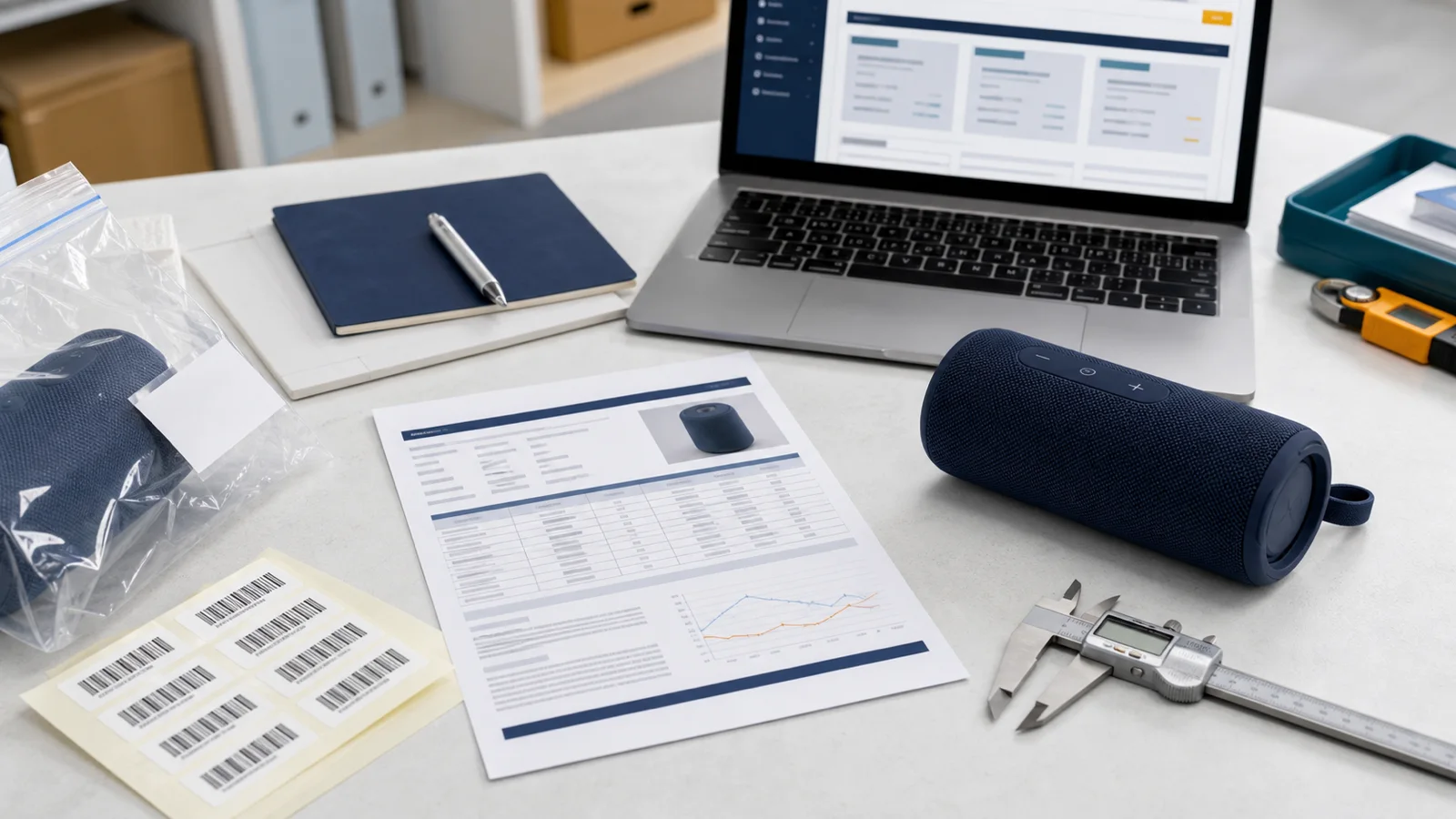 Neutral illustration of a China-side product sample, generic laboratory report, accreditation directory, barcode labels, and measuring tools under review